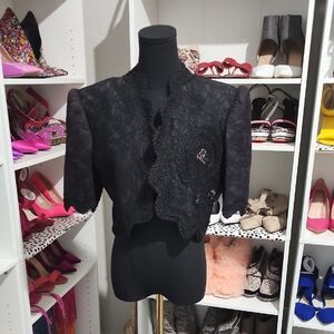 Black Boucle Blazer with Fringe and Open Front